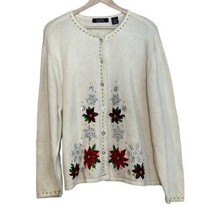 Crystal Kobe VTG Embroidered Beaded Christmas Sweater Cardigan Size XL Snowflake